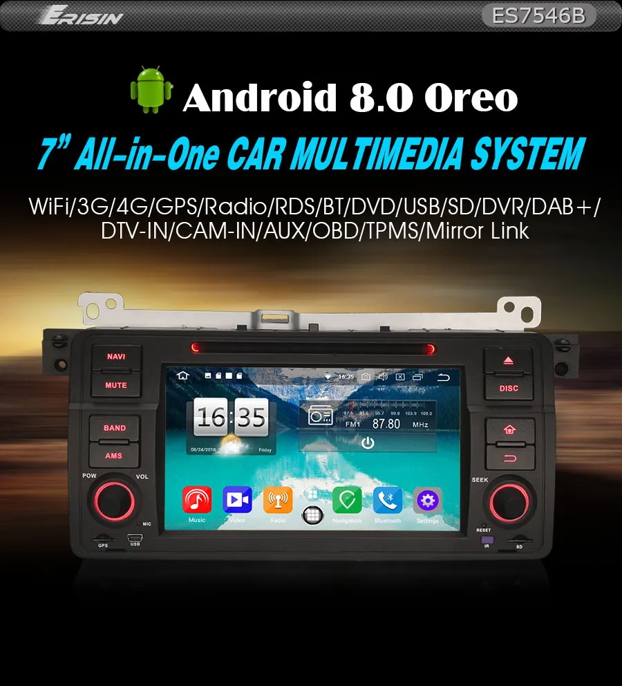 Perfect Erisin ES7546B 7" Android 8.0 car dvd Octa core DAB+ TPMS OBD BT 4G For BMW E46 318 320 325 M3 Rover75 MG ZT 0