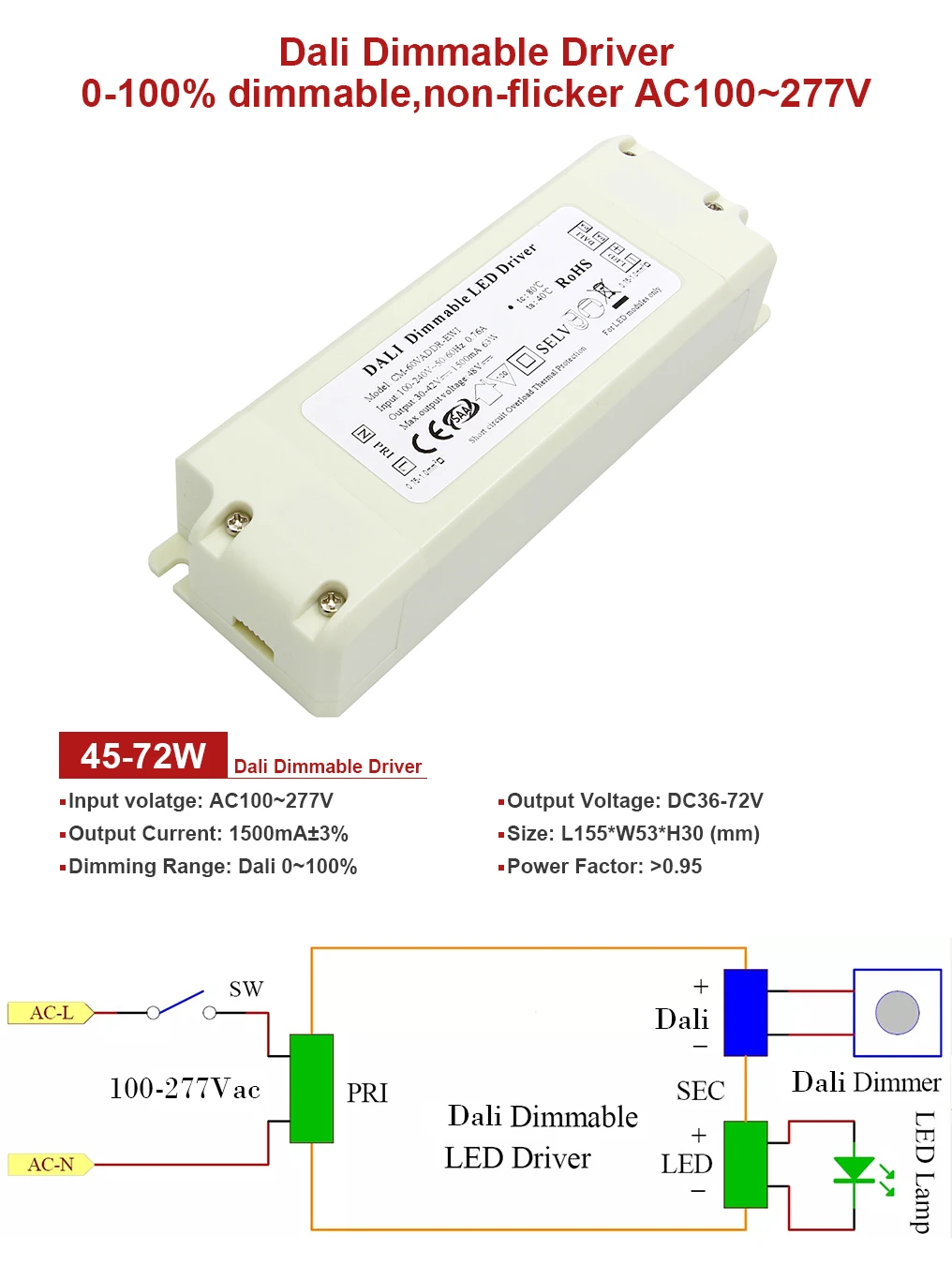 Dali Dimmable 45 Вт до 72 Вт блок питания светодиодный драйвер адаптер Освещение Трансформатор 1.5A для Светодиодный светильник AC100-277V выход DC36-72V