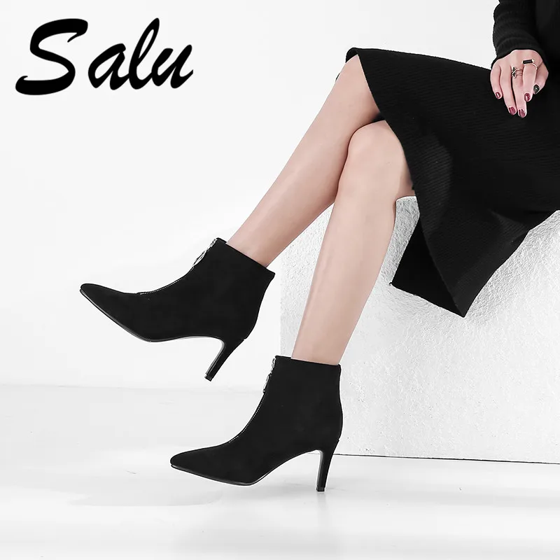 

Salu Brand Patent Leather Ankle Boots for Women High Heels Zipper Short Ladies Shoes Woman Pointed Toe Party Wedding