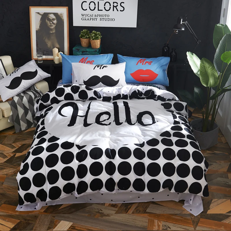 

4pcs/set 100% Cotton Crown Printed Soft Comforter Cover Black White Pillowcase Flat Sheet Duvet Cover Bedding Set King Size