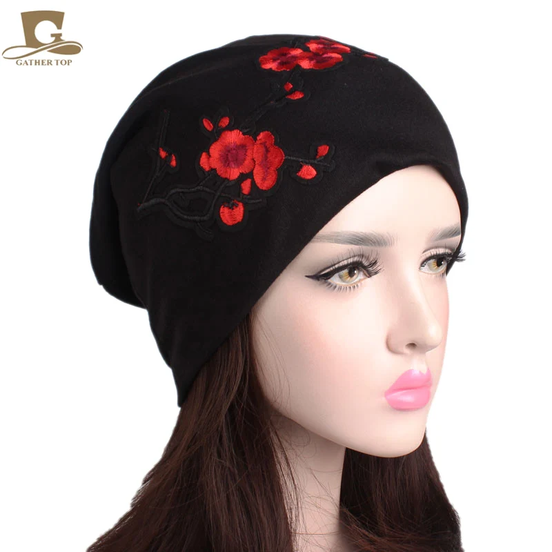 New women vintage plum flower embroidery slouch beanie jersey skull New women vintage plum flower embroidery slouch beanie jersey skull