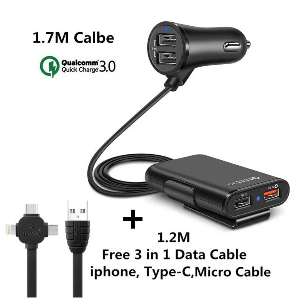 4 منفذ USB للسيارة شاحن سريع تهمة 3.0 شاحن سيارة مع 1.7 m كابل للقرص الهاتف الذكي آيفون X QC 3.0 توسيع USB HUB