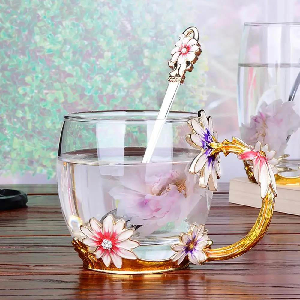 

New Enamel Transparent Glass Cup Coffee Tea Mug Daisy Heat-Resistant Set With Stainless Steel Spoon Coaster And Wipe Cloth Gifts