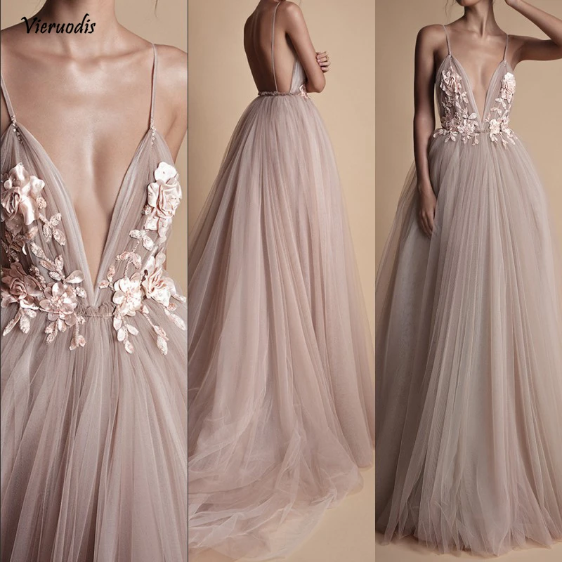 

Sexy Tulle Long Evening Dress 2019 New Arrival Backless Court Train Flowers Blush A Line Special Occasion Prom Gowns Custom Mad