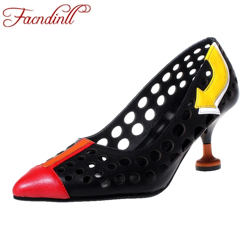 

FACNDINLL 2018 new genuine leather shoes woman pumps sexy high heels pointed toe cut-outs women party dress shoes pumps size 39