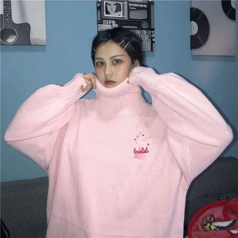New Autumn Sweater Cotton Women 2019 Fashion High Collar Pink Loose Harajuku Cartoon Embroidered Female #6071 | Женская одежда