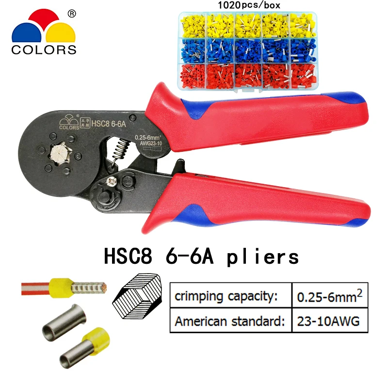 

COLORS HSC8 6-6A 0.25-6 mm2 23-10 AWG crimping pliers with 1020pcs tube type needle type terminal crimp hexagon mini tools