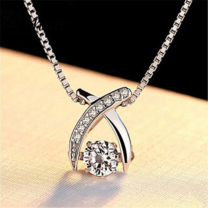 

ZRHUA 925 Sterling Silver Necklace Crystal Long Pendant Neckace For Women Gift 45cm Box Chain choker Collares Mujer Female Gifts