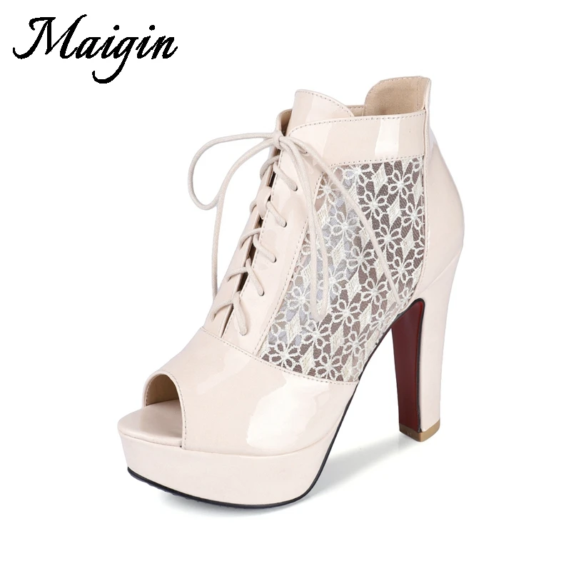 Maigin Ankle Boots for Women 2018 Lace Up Platform Sandals Peep Toe Breathable Lace Summer Shoes Fetish High Heels Women Sandals