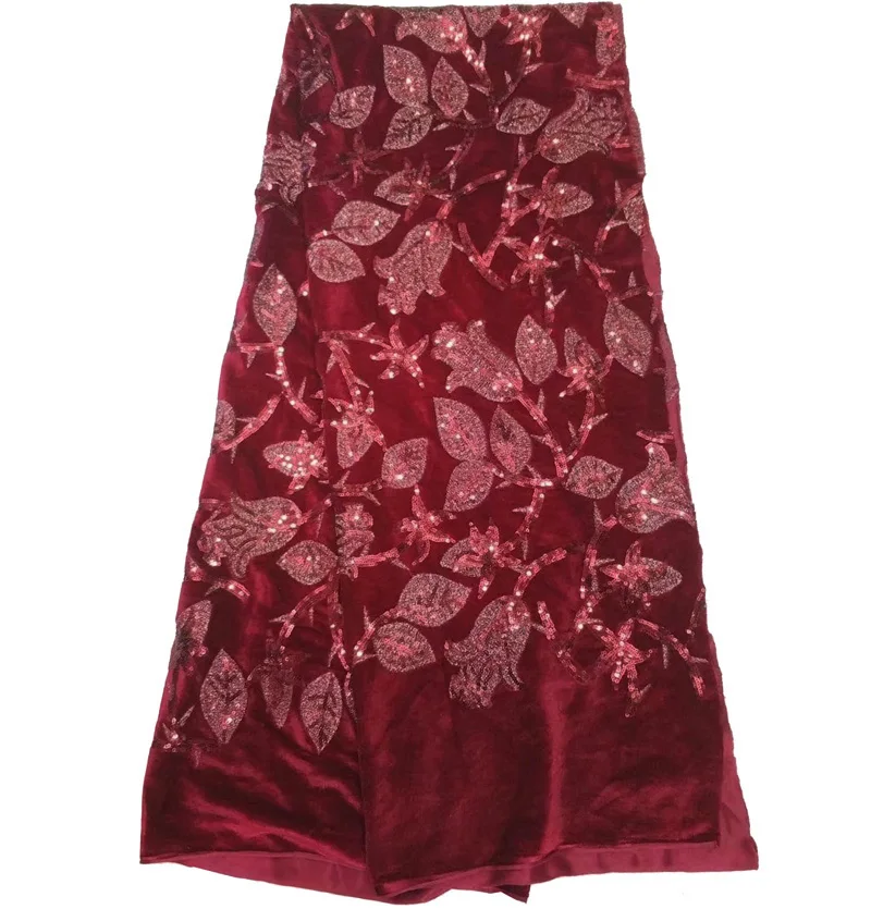 

Free shipping (5yards/pc) High quality wine red African velvet lace fabric with beautiful sequins embroidery for dress FLZ037