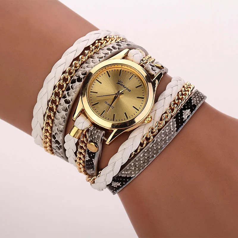 Новинка, хорошее качество, модные женские часы, люксовый бренд, женский браслет с леопардовым принтом, кварцевые плетеные наручные часы с обмоткой - Цвет: Белый