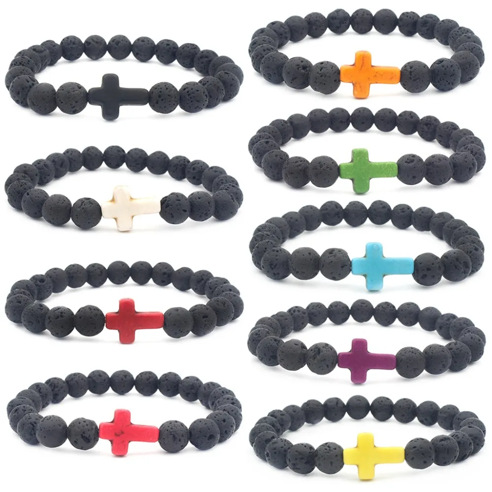 Natural Stone Religion Cross Lava Beads Elastic Bracelet Prayer Fitness