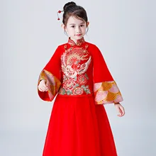 Для девочек чонсам, свадебное платье в китайском стиле, традиционное китайское платье для детей костюм ханьфу, красное платье в китайском традиционном костюме FF1606 л