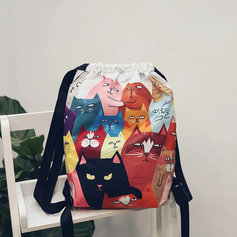 Menghuo Designer 6 Patterns Cat Printing Women Classic Mochila Drawstring Bags Travel backpack School Bag Leisure Bagpack Brand (17)