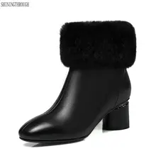 Novas mulheres de couro de vaca botas de neve alta sapatos de salto mulher rouned preto pele branca partido botas de tornozelo mulheres tamanho grande 42 43