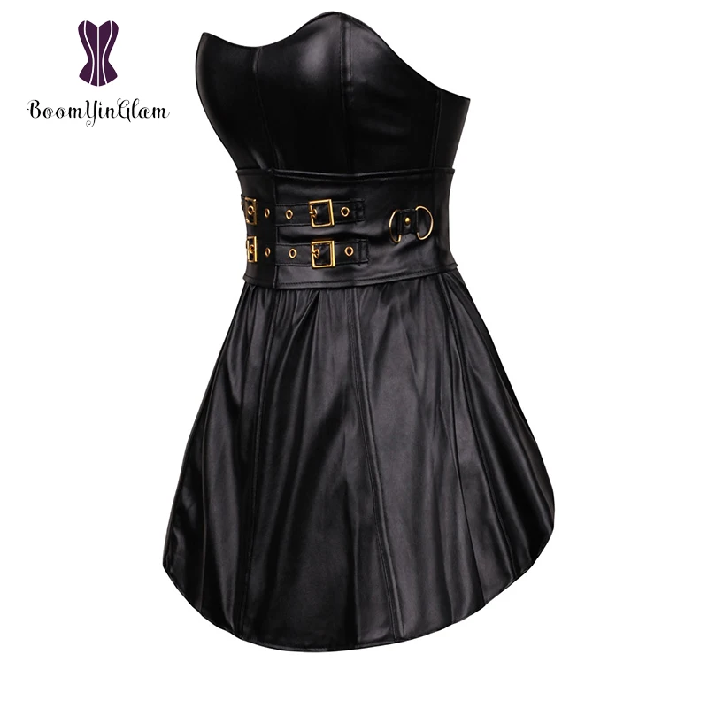 Black Gothic Punk Women's Long Torso Boned Corset Bustier Leather Clubwear Dress Zip Back 9003#