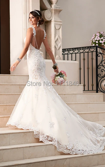 Elegant Appliques Beads Spaghetti Straps Lace Mermaid Wedding