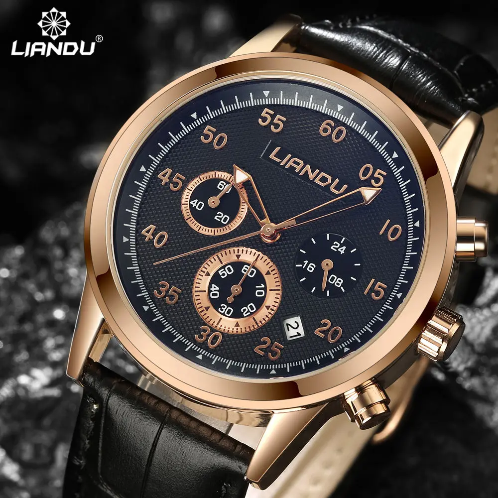 

LIANDU Brand Men Chronograph Waterproof Multifunction Military Quartz Watches Shows Leather New Style Watches Relogio Masculino