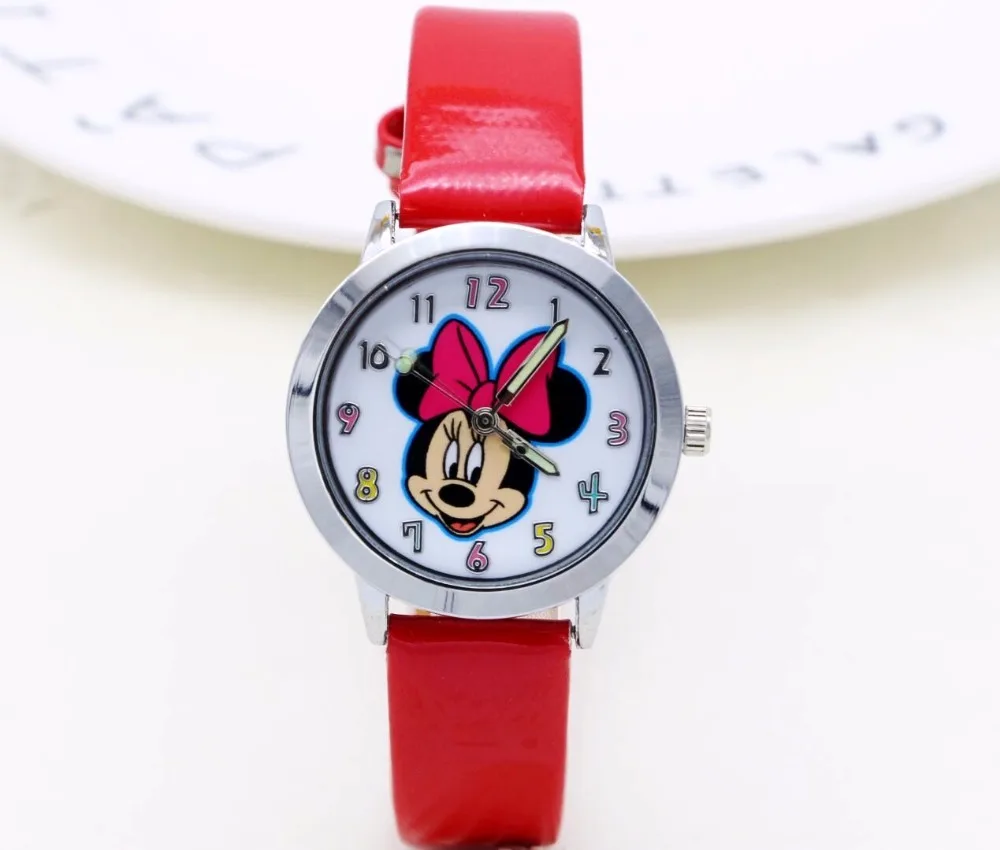 

2019 Drop shipping Cartoon Beautiful girl Minnie mouse style Color number dial children students girl's leather quartz watch