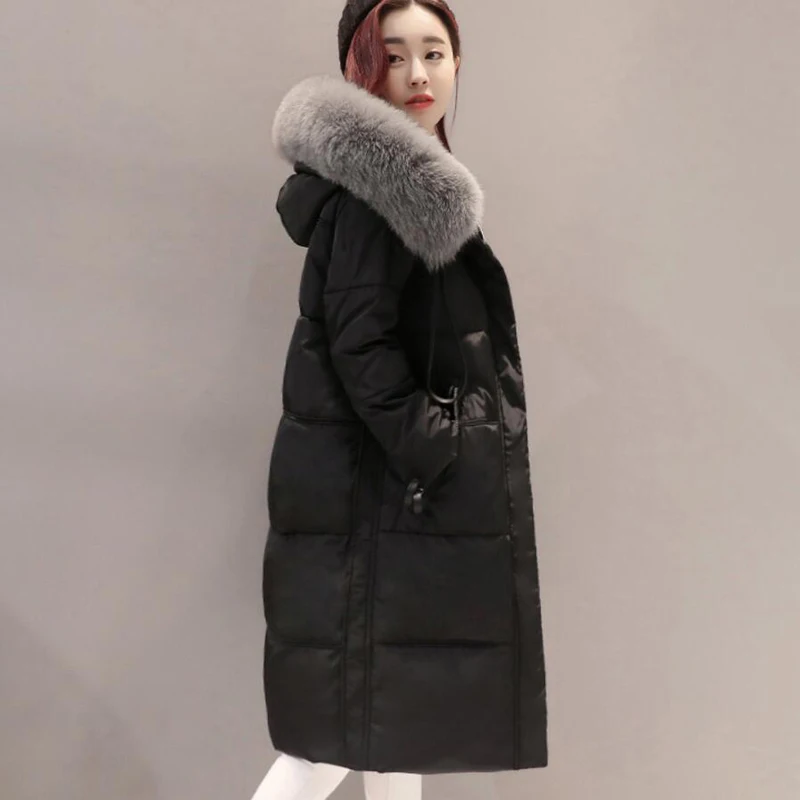 new 2018 High Quality Womens White Duck Down Jacket Black Hooded Winter Coat Female Long Parkas Slim Woman Down Coats LY708