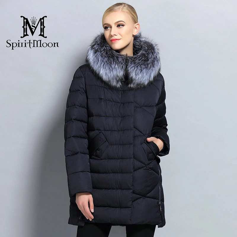 SpiritMoon 2017 New Winter Women Bio Down Jacket Hooded Thick Coat Winter Parka With Natural Silver Fox Collar Plus Size 5XL 6XL