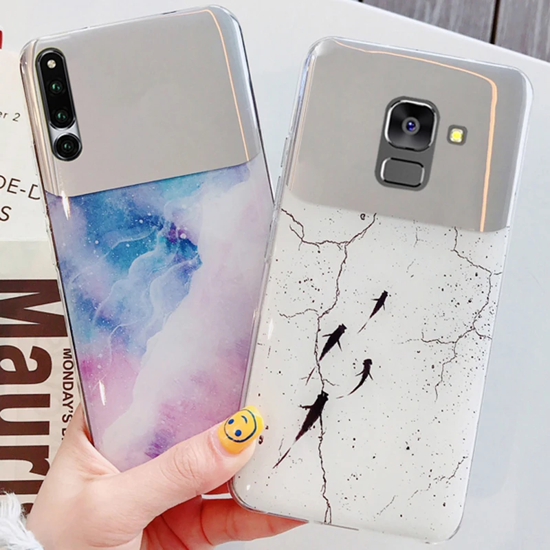 

TRISEOLY For Samsung Galaxy A8 A5 A6 2018 Small Mirror Fish And Color Marble Pattern Soft Edge Case A8 A6 Plus 2018 A6S Cover