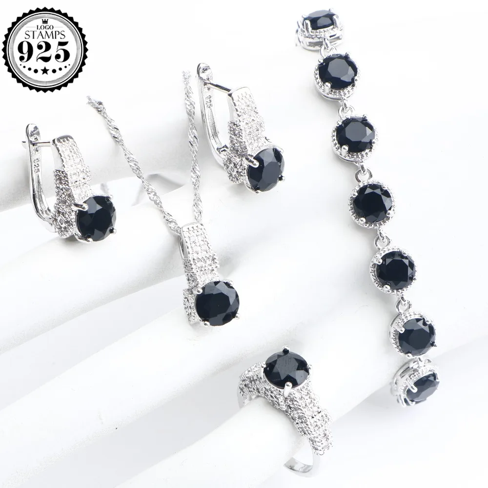 

Wedding 925 Sterling Silver Bridal Jewelry Set Black CZ Earrings For Women Jewelry Bracelet Ring Pendant Necklace Set Gifts Box