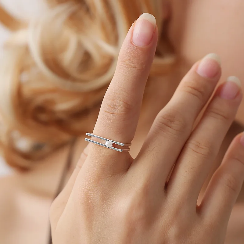 

High quality women jewelry geometric Open Simulated Pearl rings lovely girl lady Elegant Silver letter D delicate dainty ring