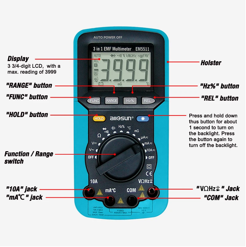 Все-солнце EM5511 EMF Цифровой мультиметр 3 в 1 EMF мультиметр Подсветка ЖК-дисплей Тестер Многофункциональный мультиметры EMF тестер