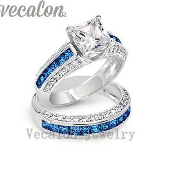 

Vecalon Brand Design 5A Blue Zircon cz Wedding Band ring set for women 10KT White Gold Filled Female Engagement Finger ring