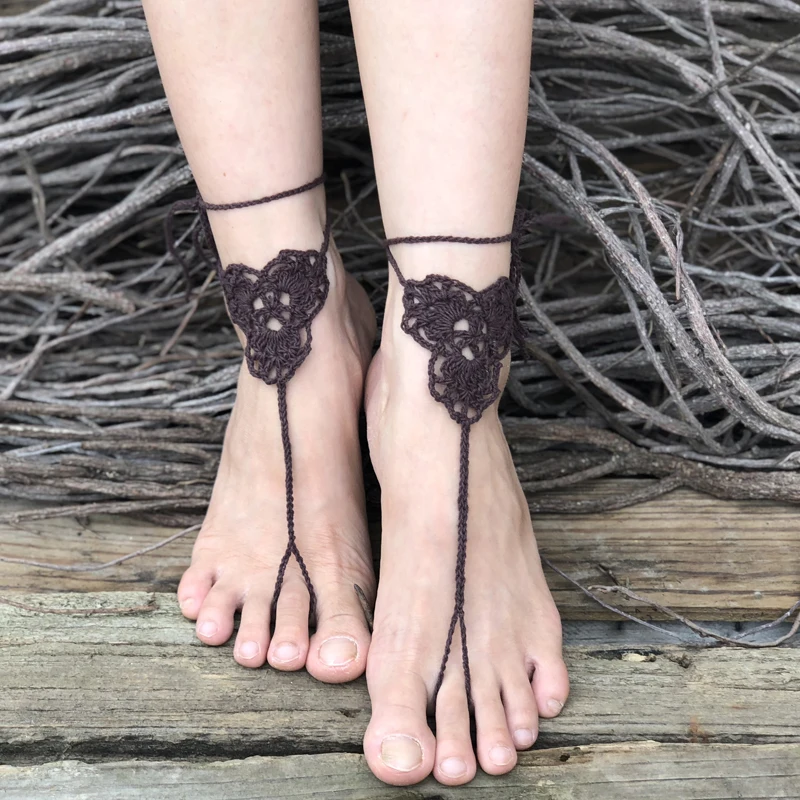 1 Pairs Trendy Handmade Crochet Barefoot Sandals Beach Yoga Anklet Jewelry Geometric Pattern Bridal Wedding Anklet Accessories