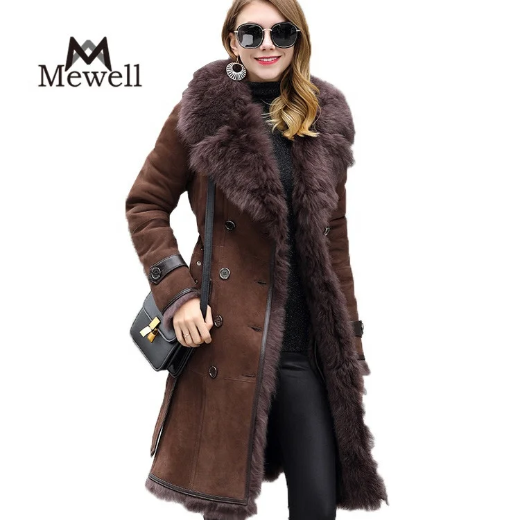

England Style Women Tuscany Sheep Fur Overcoat Sheared Lamb Fur Coat Slim Fit Double Breasted Double Face Sheepskin Fur Jacket