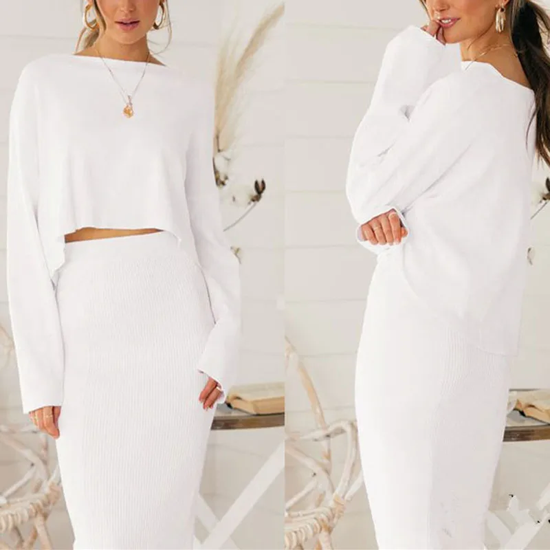 

Round Collar Long Sleeve 2 Piece Set Women Crop Solid Top Pencil Skirt Ladies Elegant OL Style Two piece Two Color