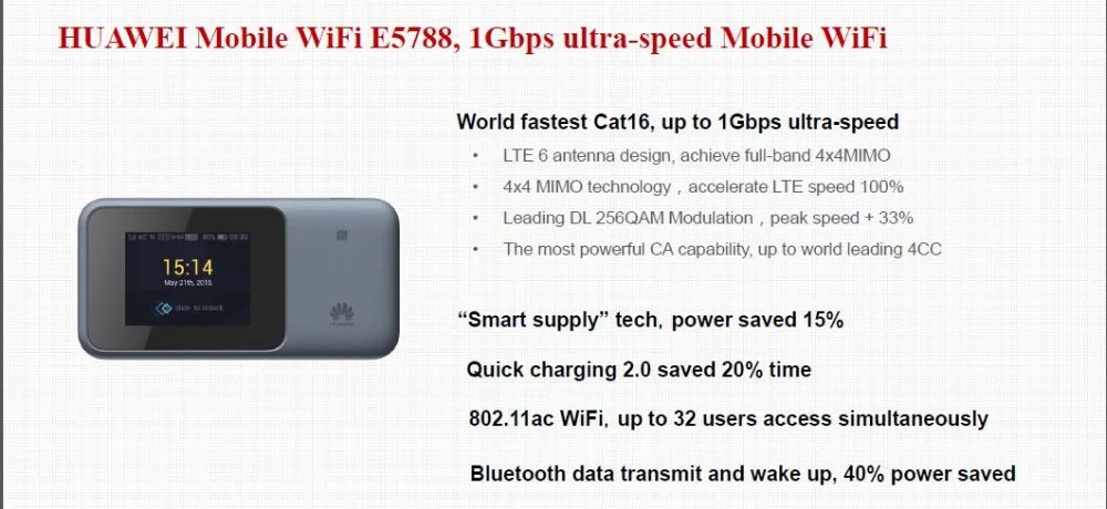 Huawei E5788u-96a 4G 4CA-LTE: B1/B3/B4/B5/B7/B8/B19/B20/B28/B38/B40/B41/B42 Cat16 1Gbmps MiFi модем Поддержка Bluetooth 4,0+ NFC