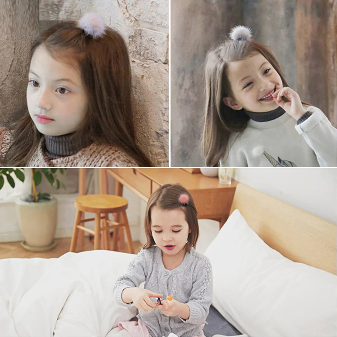 Girls Hairpins with Small Lovely Soft Fur Pompom Mini Ball Gripper Hairball Pom Hairclips Children Hair Clip