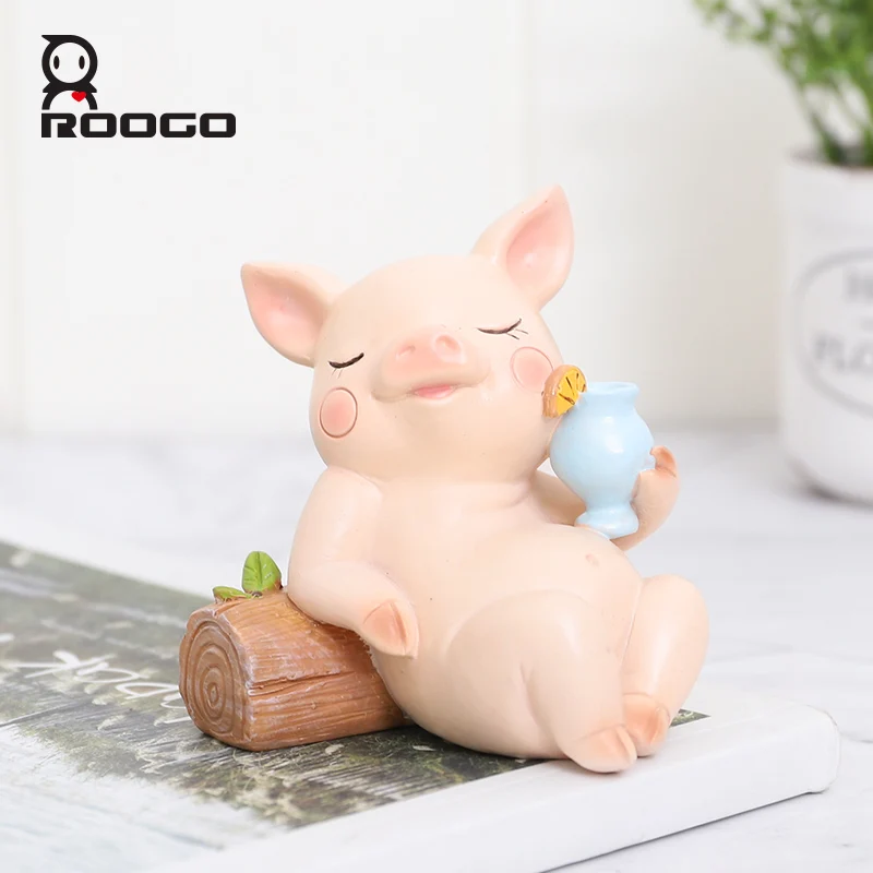 

Roogo Animals Miniature Figurines Resin Cute Pig For Home Garden Decoration Pink Ornaments For Kids Rooms Creative Desktop Decor