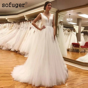 

Women's A-line V-neck Tulle Wedding Dresses Backless Robe De Mariee Sofuge Boho Dubai Arabic Abiti Da Sposa