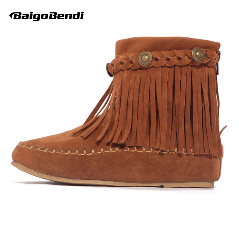 US5-9 Suede Leather Like Moccasin Fringe Tassel Ankle Boots womens wedge shoes