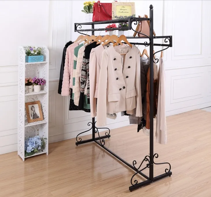 Iron clothing store clothing rack display rack vertical landing Robe bags double pole double