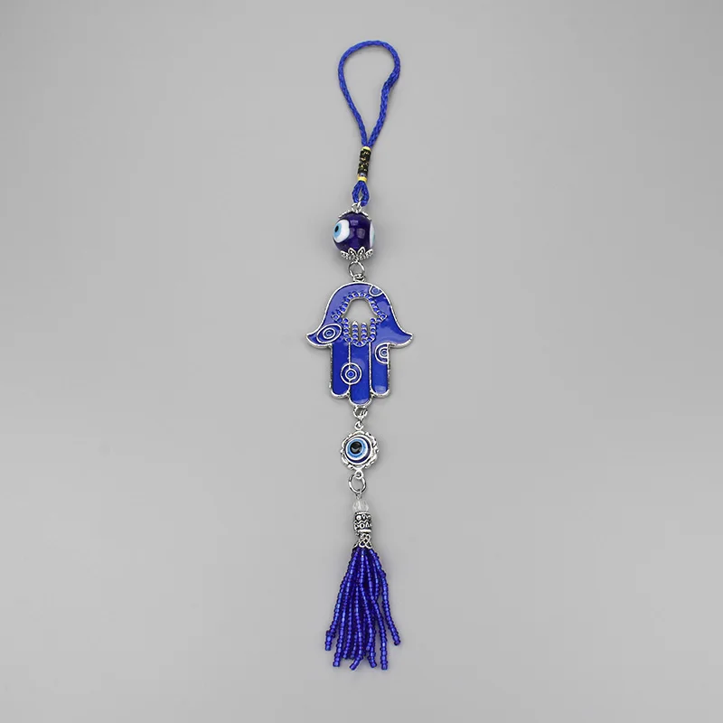

Fashion Lucky Blue Hamsa Wall Pendant Evil Eye Hand Fatima Small Bead Tassel Jewelry Gifts