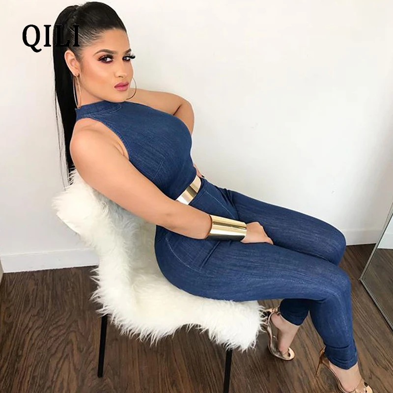 QILI Women Denim Jumpsuits Romper Sleeveless Rear Zipper Casual Jumpsuit Summer Women Elegant Skinny Long Pants Overalls
