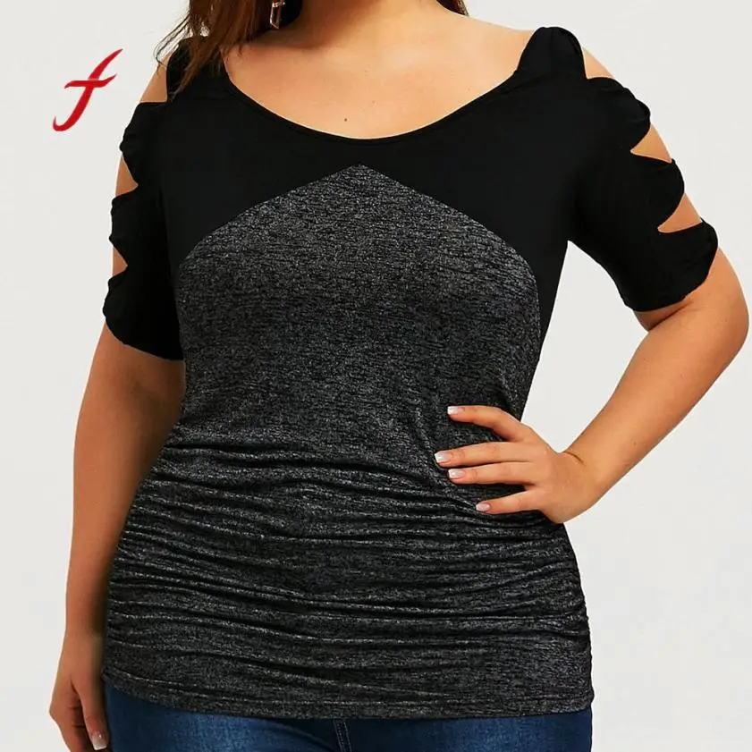 Женский пуловер большого размера с полой вставкой и бантом, Женский Большой топ с коротким рукавом, футболка, футболка, повседневная одежда