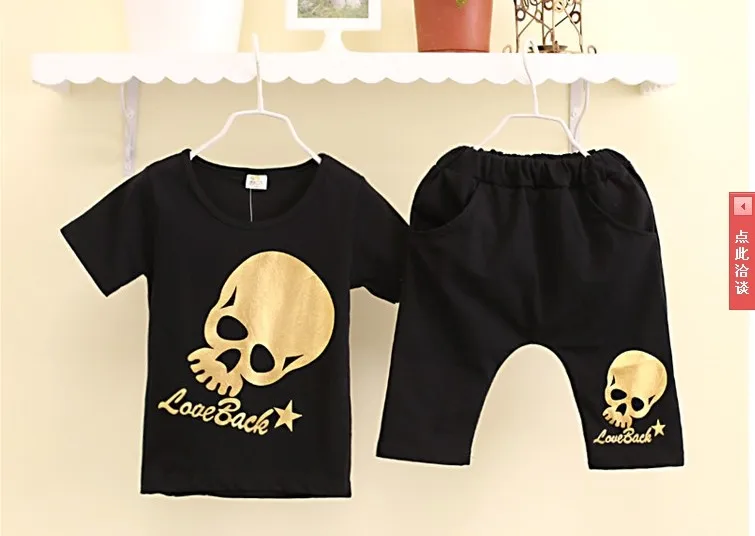 Новинка летний стиль детский комплект повседневной спортивной одежды с рисунком «череп» футболка для маленьких мальчиков+ штаны-шаровары комплект из 2 предметов для детей - Цвет: black