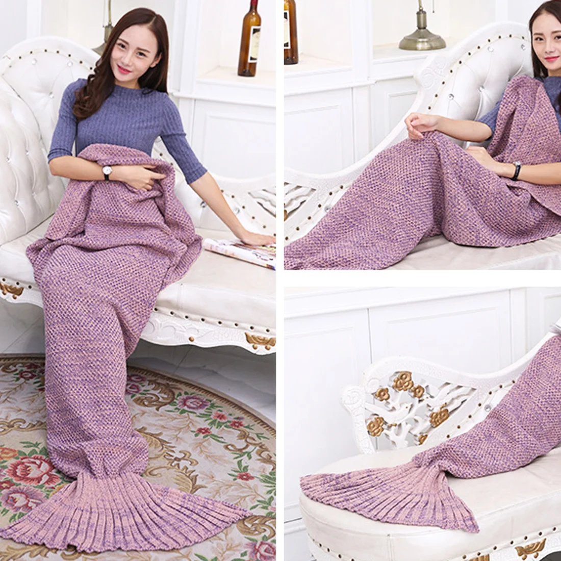 

3 Size Mermaid Tail Blanket Yarn Knitted Crochet Mermaid Blanket Kids Throw Super Soft Sleeping Bed Wrap Knitted Blankets