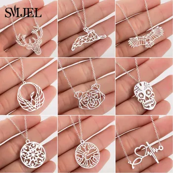 

SMJEL Origami Animal Necklaces Women 2019 Cute Deer Owl Bird Statement Necklace Round Charm Jewelry Collier Femme Wholesale