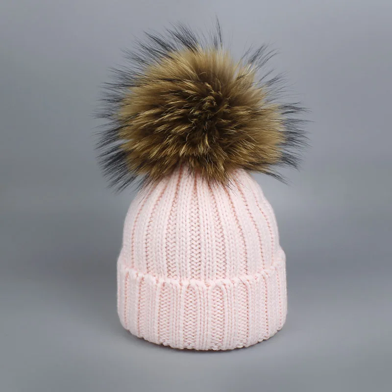 Hat Pink Г. Шапка с помпоном для девочек, теплые вязаные с помпоном из меха, шапка с помпоном и шарф, комплект, детская зимняя шапка с помпоном из натурального меха енота, Skullies - Цвет: Hat Pink