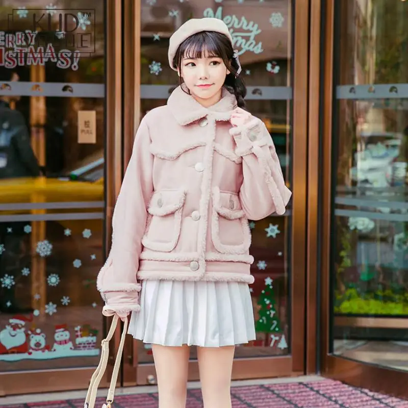 

Winter Suede Fur Female Short Coat 2018 Girls Pink Fashion Jacket Harajuku Top Thick Warm Overcoat Jacket Kawaii Cute Outerwear
