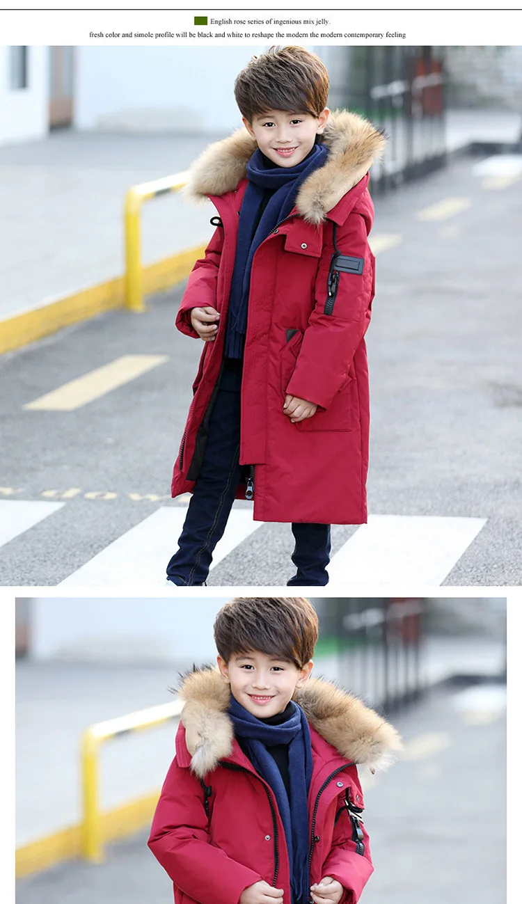 Модные новые стильные зимние куртки зимние пальто с меховым капюшоном для мальчиков-подростков детские пуховики на утином пуху пуховая куртка