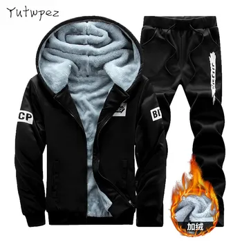 

Tracksuit Men Winter Hoodies Men Fur Fleece Hoodies Men Jacket Men Casual Sweatshirts Mn Coat+Pant 2 PCS Moletom Masculino New