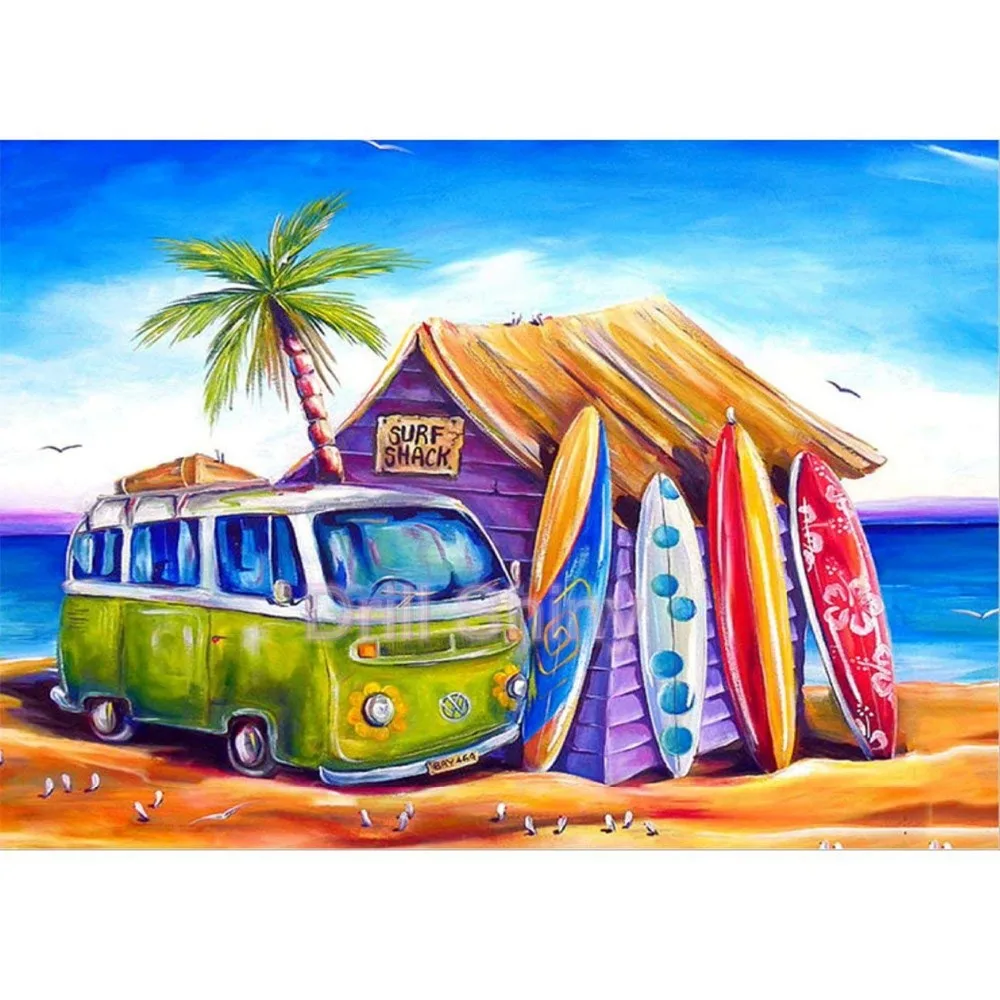 

Full 5D DIY Diamond Painting "Seaside cottage, surfboard, bus, sea view" Cross Stitch Diamond Embroidery Mosaic Wall Decor Gift